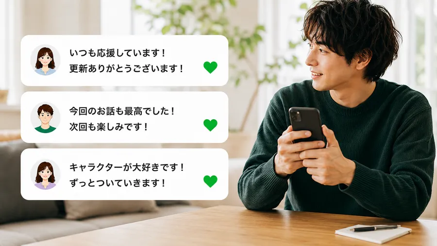 ファンから届く応援メッセージを見ながらスマートフォンを操作するクリエイターのイメージ